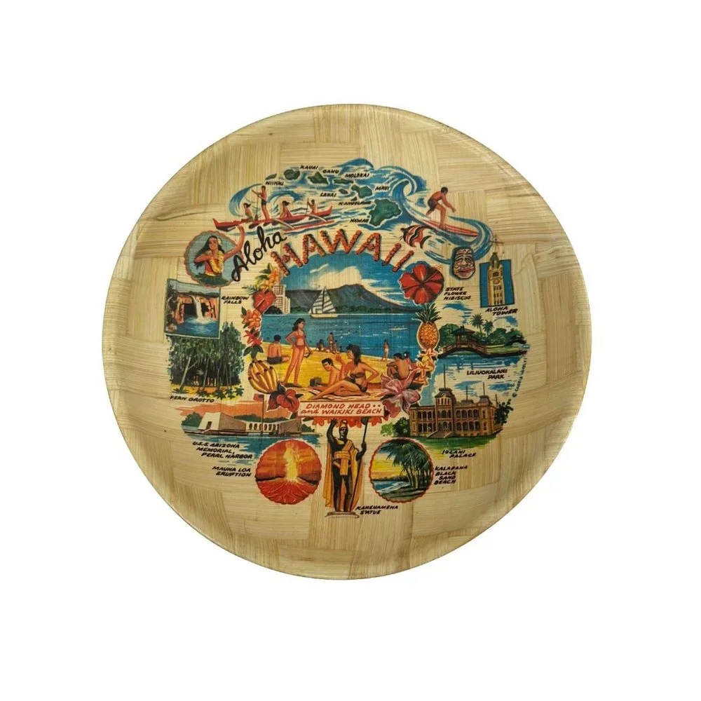 Vintage Hawaii Map Souvenir Bamboo Decorative Tray‎ Plate Handwoven